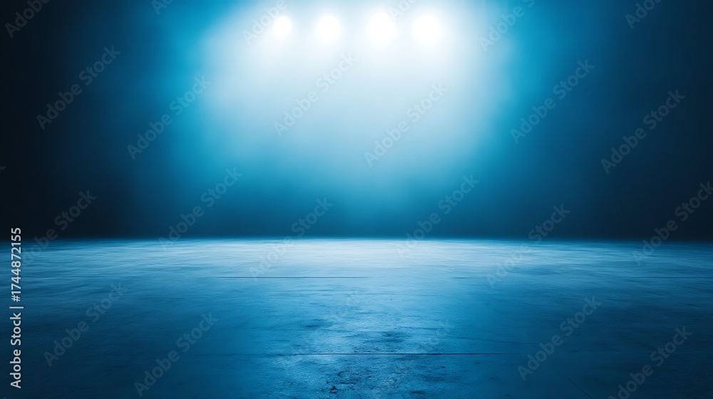 Obraz premium Blue concrete floor background illuminated by bright spotlights above, studio space rendering