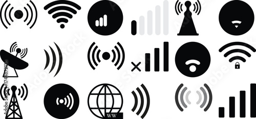 Collection of Black and White Icons Representing Wireless Signals and Connectivity