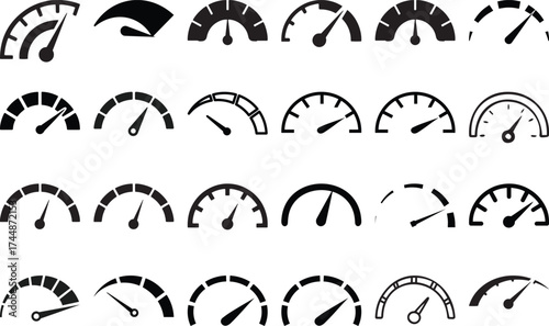 Collection of Black Speedometer and Gauge Icons on White Background