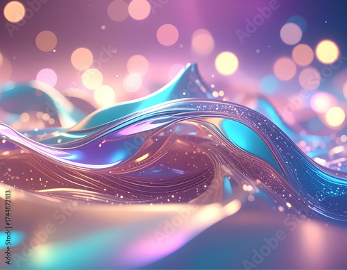 Abstract iridescent waves flow with bokeh lights in the background, creating a dreamy and ethereal scene.
