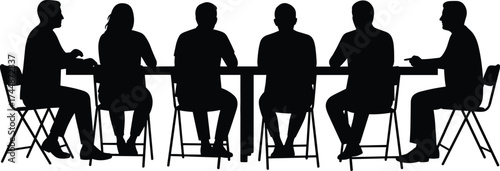 Business meeting silhouette, team discussion at table, corporate collaboration icon, professional group scene, cad drawing flat vector illustration