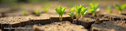 Resilient Green Shoots Emerging from Cracked Earth A Symbol of Rebirth and Springs Renewal