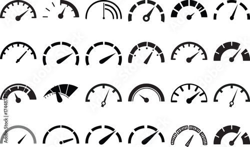 Collection of Various Speedometer and Gauge Icons on White Background
