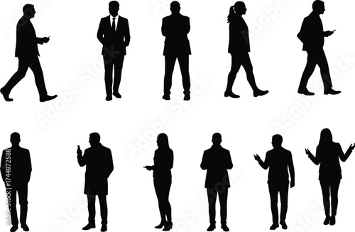 Business silhouettes in motion, professional attire, expressive hand gestures, standing and walking poses, cad drawing flat vector illustration, corporate behavior study