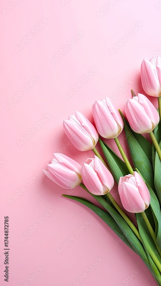 Fototapeta premium Elegant bouquet of pink tulips on a pastel pink background, spring flowers