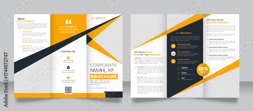 Corporate business trifold brochure template layout. Can be used for business, travel, school admission, healthcare, lawn care or business promotion ads. Clean and modern trifold brochure design.