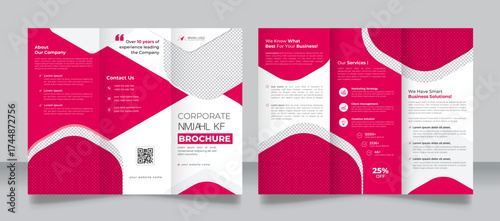 Corporate business trifold brochure template layout. Can be used for business, travel, school admission, healthcare, lawn care or business promotion ads. Clean and modern trifold brochure design.