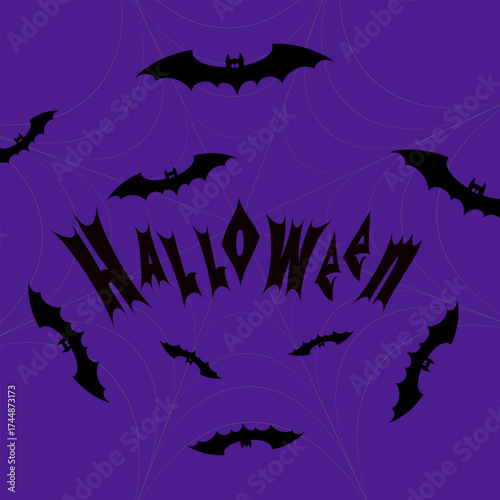 Halloween poster with spider web and bat silhouettes, scary Halloween inscription on dark purple background.