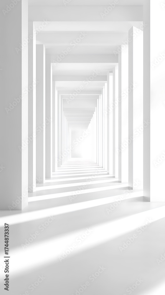 Fototapeta premium Infinite white corridor with receding columns and bright light, modern architecture background