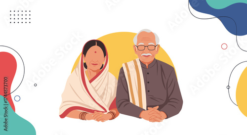 A portrait of an elderly Indian couple posing for a photograph.