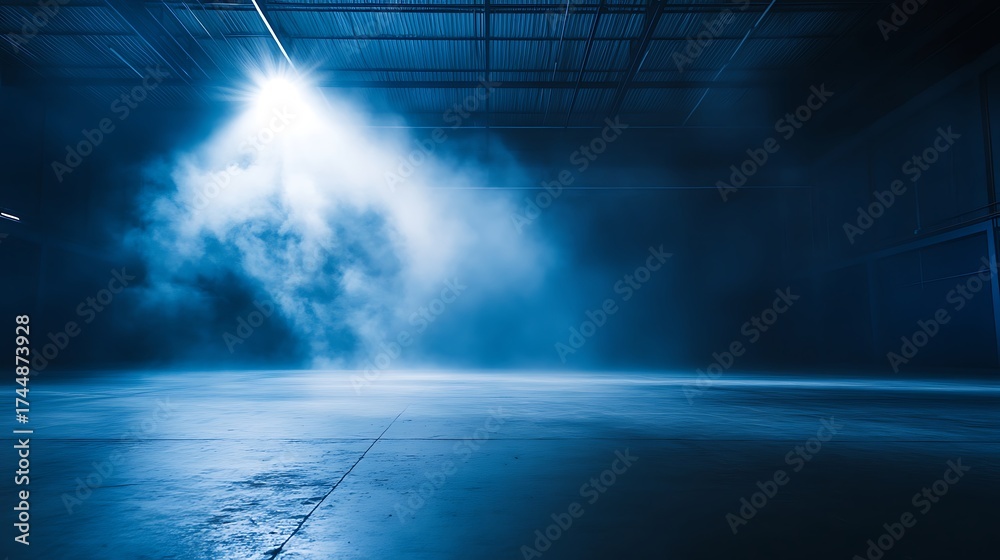 Obraz premium Moody warehouse interior with smoky atmosphere and dramatic spotlight casting a beam on floor