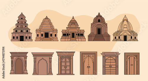 Collection of traditional Indian architectural structures and doorways in pixel art style.