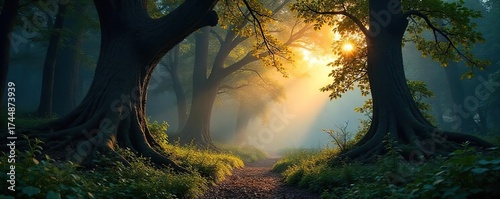 Mystical Twilight Forest Dappled Sunlight Illuminates Ancient Trees and Lush Undergrowth, Creating a Magical Atmosphere Perfect for Fantasy and Fairytale Themes.