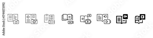 Blog post and video content creation icon set — flat outline style symbols of online article writing, photo post, multimedia publishing tools for website and Blog and Video Post Line Icons Vector Set