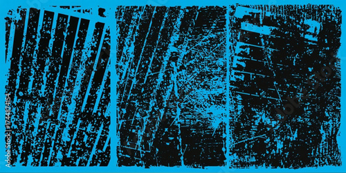Linocut stamp texture collection. Grunge urban backgrounds set. Rough black ink roller textures. Hand drawn black paint stamp on bright blue bg. Street art distress overlay. Lino ink grungy remains.