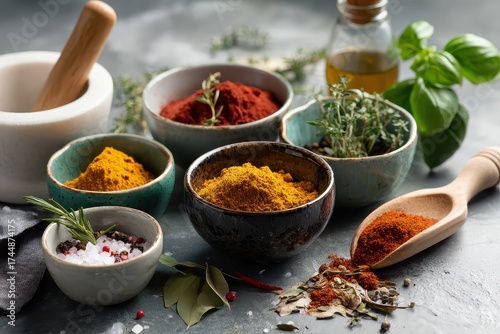 Collection of vibrant spices and herbs in small bowls arranged for cooking on a rustic tabletop with olive oil and fresh ingredients