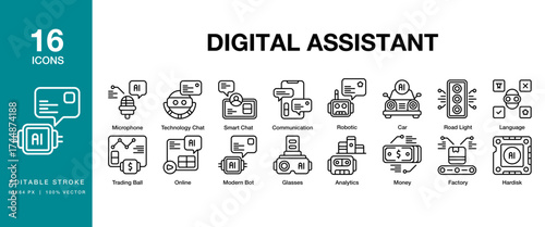 Digital Assistant icon set. Includes digital, technology, assistant, ai, online and More. Editable Stroke Icon Collection.