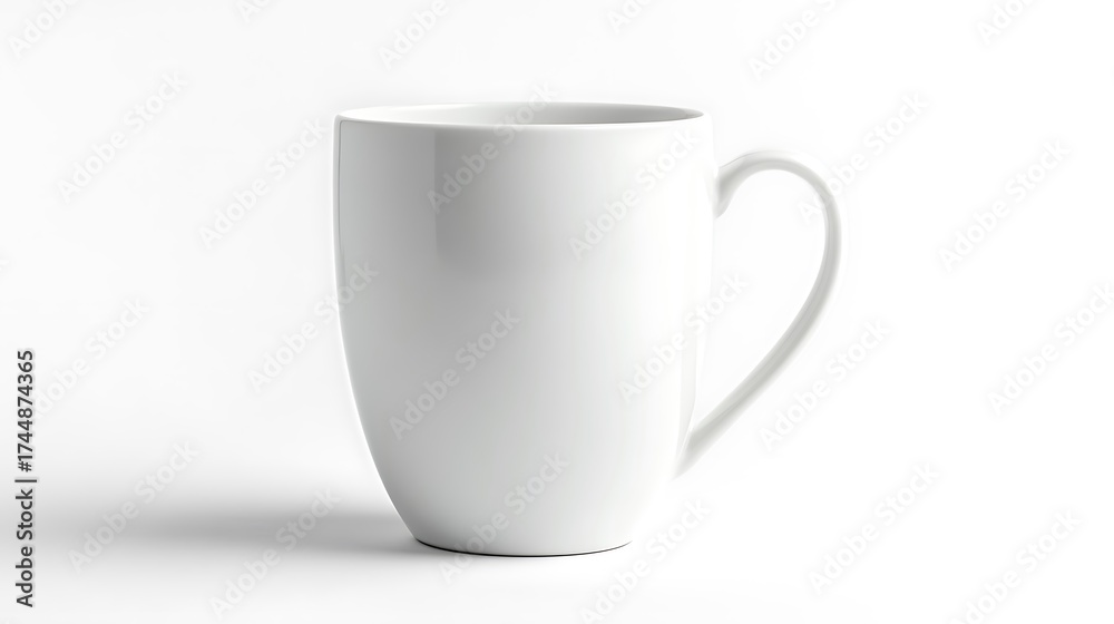 Fototapeta premium Simple white ceramic mug with handle isolated on a bright background, clean style
