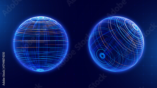 Abstract 3D Spheres of Neon Dots and Stripes. Hi-Tech Orb HUD Design Element. Global Network Connection. Abstract Globe Grid. Science and Technology Vector Illustration.