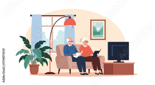 An elderly couple enjoys a quiet evening watching television together in their cozy living room with a large plant and a floor lamp.