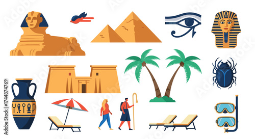 Ancient Egyptian culture and travel elements for tourism promotion.