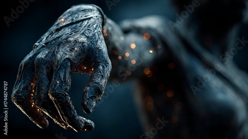 Mysterious dark textured hand with glowing embers reaching out from the shadows, evoking a sense of ancient power and hidden magic