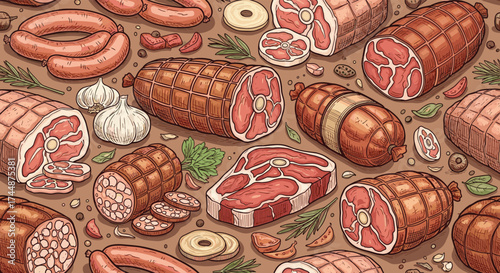 A delicious assortment of cured meats and sausages laid out on a wooden surface with herbs and spices.