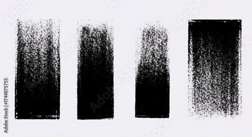 Linocut stamp texture collection. Grunge urban backgrounds set. Rough black ink roller textures. Hand drawn black paint stamp on bright blue bg. Street art distress overlay. Lino ink grungy remains.