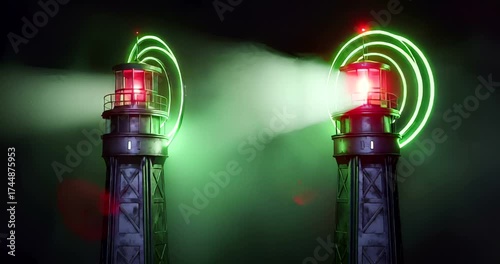 Futuristic green lights with smoke in a dark setting, creating a mysterious atmosphere