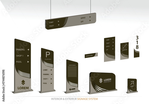 Wayfinding system 3D signage mockup set Direction signs Exterior and interior way finding design.