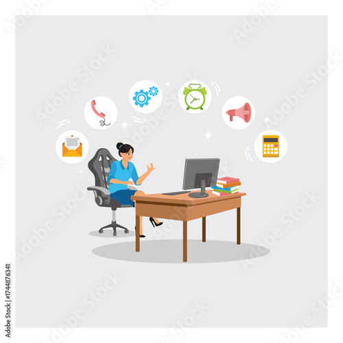 Businesswoman Admin Working at Office Desk Surrounded by Job Icons.