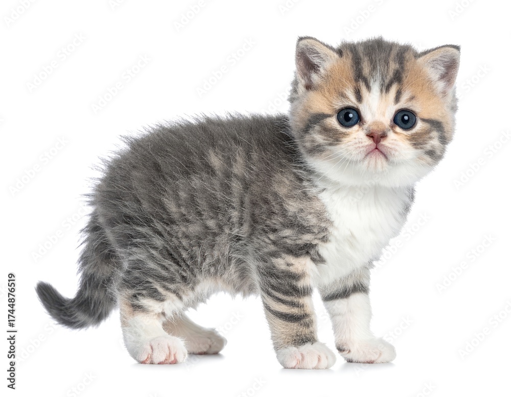 Fototapeta premium Fluffy kitten with grey, tan, white fur, staring, white background