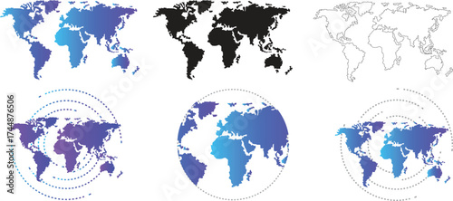 Stylized World Map Vector Set with Gradient, Silhouette, and Circular Globe Projections, Full precise vector world map