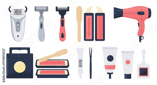 A collection of personal grooming and hair removal tools for at home use.
