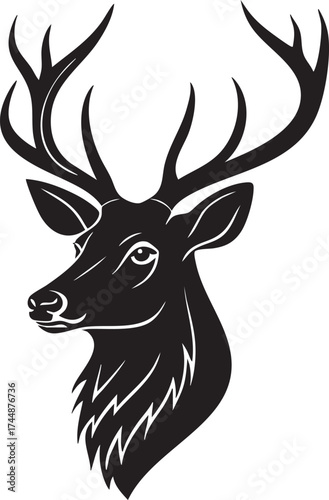 A vector illustration of a wild deer silhouette with antler head for Christmas or hunting design
