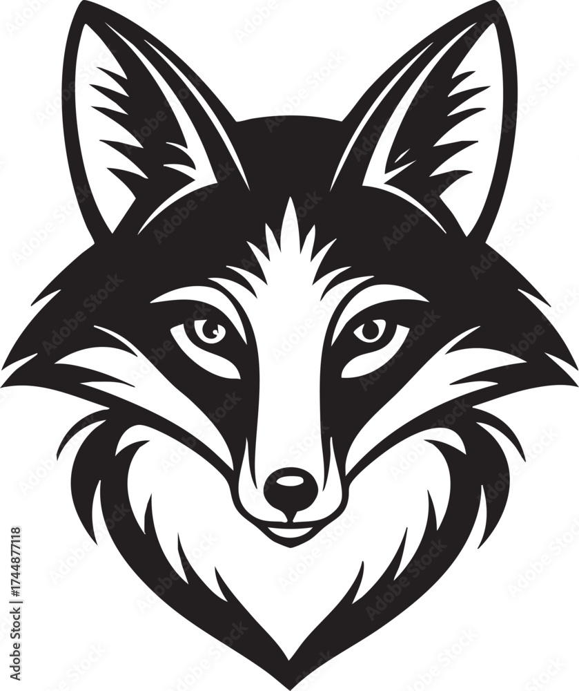 Obraz premium Black vector illustration of a wolf head or fox head tattoo design, depicting a wild canine animal face