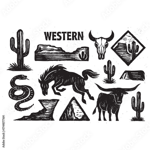 Linocut western boho set vector silhouette