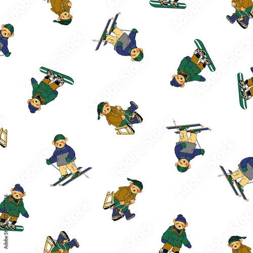 Seamless pattern of cute bears enjoying winter sports,