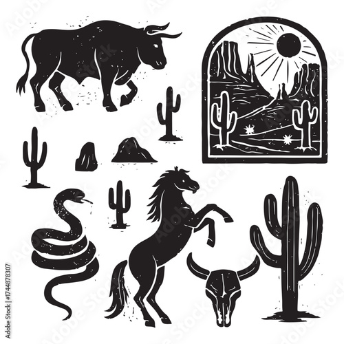 Linocut western boho set vector silhouette