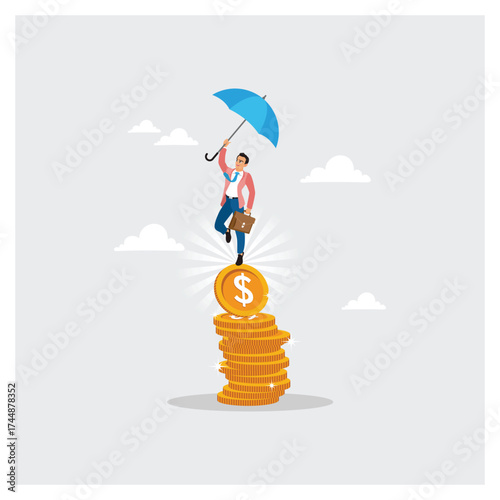 Businessman Balance on Unstable Golden Coin Stack With Umbrella, Symbolizing Financial Stability.