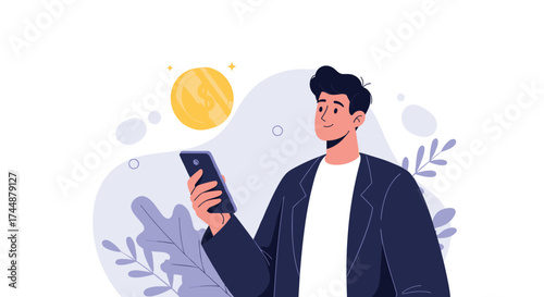 Man using a smartphone with a celestial body in the background.