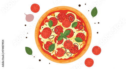 Delicious pepperoni pizza with fresh basil and onions.