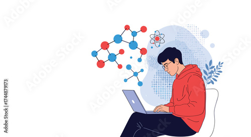 Young person learning chemistry using a laptop and molecular models.