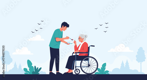 Young person helping an elderly woman in a wheelchair to eat outside.