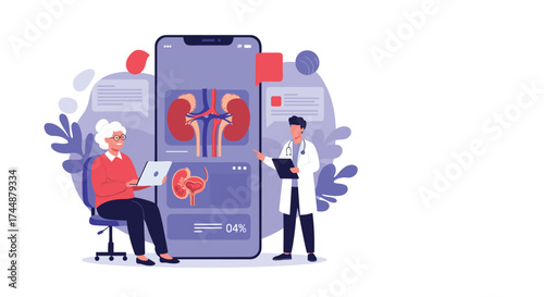 Elderly patient receiving expert kidney health consultation through advanced telemedicine.