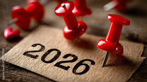 Jahr 2026 auf Papier mit roten Pinnnadeln als Symbol für Planung und Ziele

