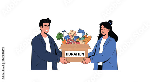 People contribute to a donation box filled with food and supplies.
