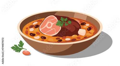 A hearty bowl of beans with a succulent meat topping and fresh garnish.