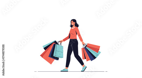 A woman walks with many shopping bags in her arms.