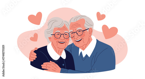Elderly couple in love surrounded by hearts.